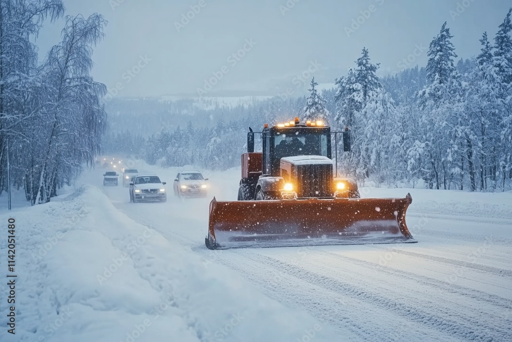Snowplow truck is clearing snow on a snowy country road during a snowfall with cars following behind, ensuring safe driving conditions during winter Snowplow truck is clearing snow on a snowy country road during a snowfall with cars following behind, ensuring safe driving conditions during winter