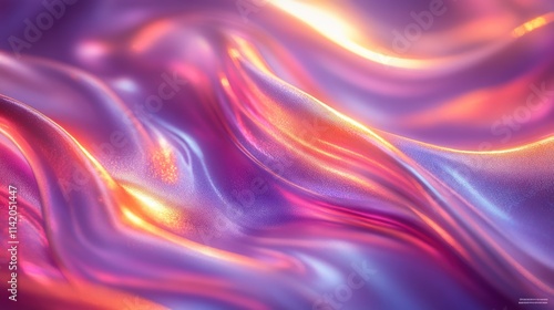 Abstract iridescent fluid waves, pink, purple, orange, and gold hues, glowing, shiny, and smooth texture.