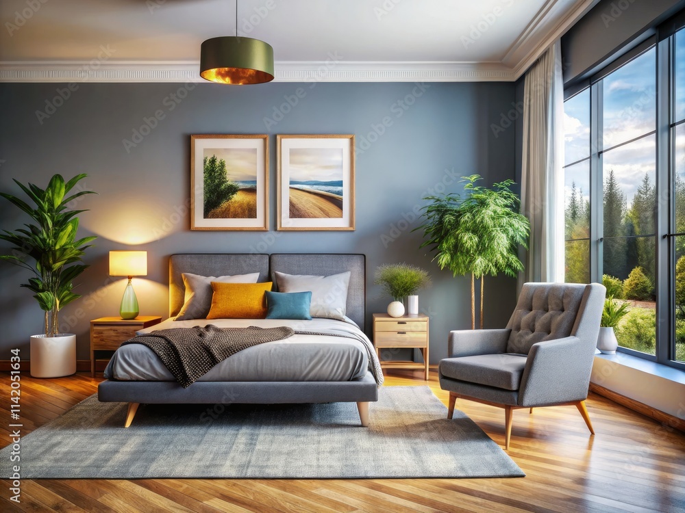Modern living room, cozy bedroom scene: chair, wall art mockup, perfect for interior design projects. Modern living room, cozy bedroom scene: chair, wall art mockup, perfect for interior design projects.