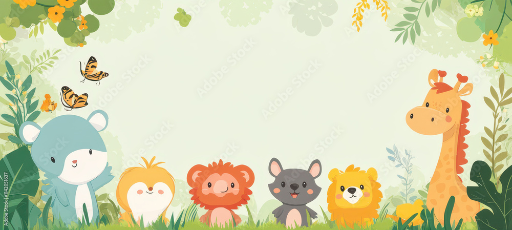 Fototapeta premium Cartoon Animal Border Background - A Whimsical Frame for Colorful and Playful Scenes. The Adorable Cartoon Animals Forming the Border, with Their Cheerful Expressions and Cute Shapes