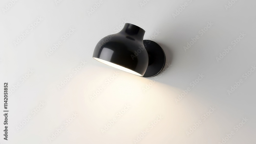 Modern black wall sconce with soft light on white background Modern black wall sconce with soft light on white background