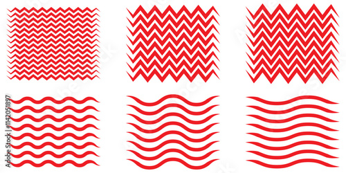Wave line and wavy zigzag lines. Red underlines wavy curve zig zag line pattern in abstract style. Geometric decoration element. Vector illustration. Wave zigzag line simple thin to thick element 