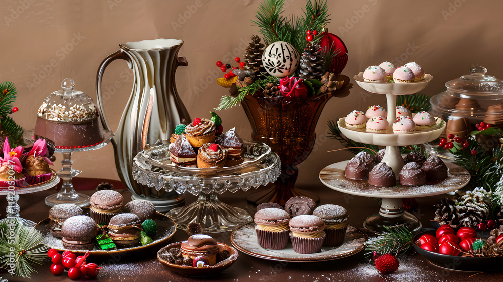 Delightful holiday dessert spread featuring an array of elegant cupcakes, pastries, and festive decorations Delightful holiday dessert spread featuring an array of elegant cupcakes, pastries, and festive decorations
