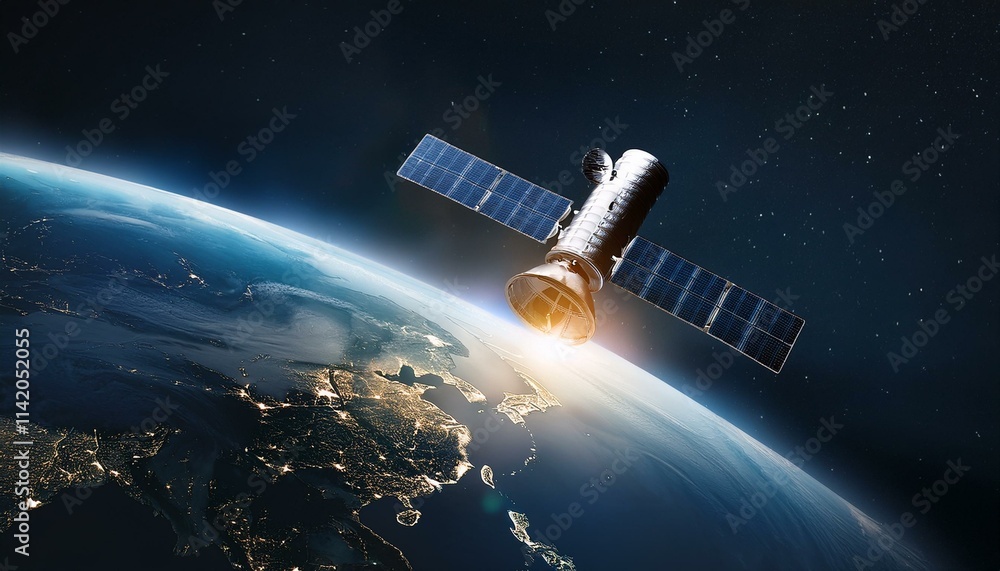 A satellite floating in dark space illuminates the curved surface of the Earth, emitting brilliant light. A satellite floating in dark space illuminates the curved surface of the Earth, emitting brilliant light.