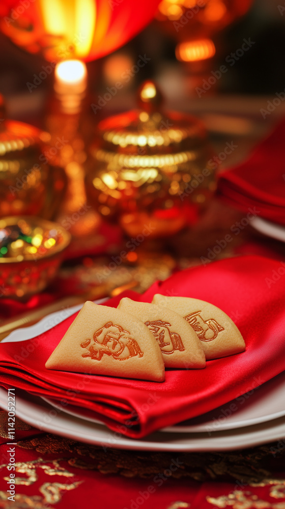 Fototapeta premium Three fortune cookies with golden imprinted Chinese symbols placed on a red napkin, surrounded by golden decorations for Lunar New Year celebration