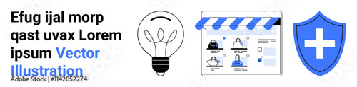 Light bulb and blue security shield flanking an e-commerce store interface. Profile icons below sample text. Ideal for online shopping, security, innovation, protection, technology, website design