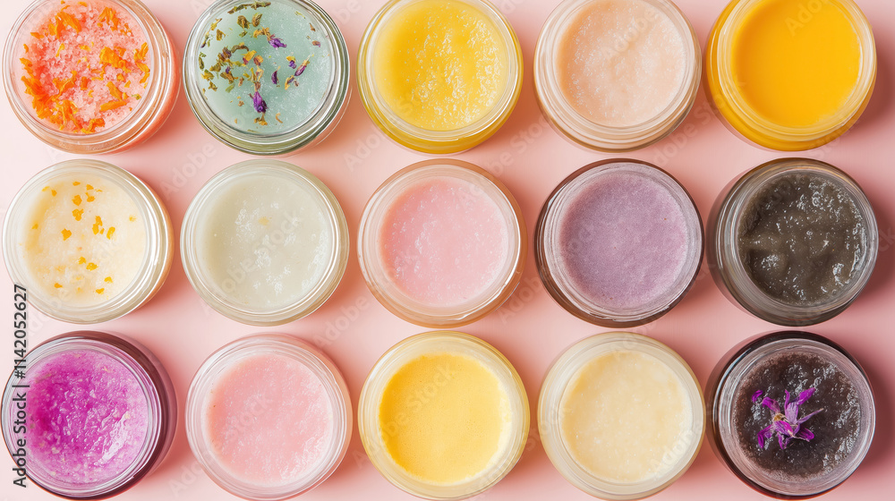 different natural body scrub textures in jars, positioned against a plain background to emphasize their colors and consistencies different natural body scrub textures in jars, positioned against a plain background to emphasize their colors and consistencies