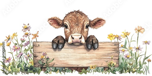 Cute Baby Cow with flower crown on head, digital art painting, white background, sticker design, cute character illustration, detailed face and eyes, smiling mouth, small heart shapes around the anima photo