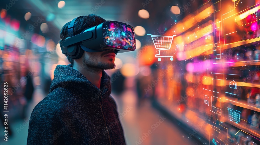 Virtual retail experience growth: A VR headset emitting holographic shopping carts and growth charts, representing future e-commerce trends Virtual retail experience growth: A VR headset emitting holographic shopping carts and growth charts, representing future e-commerce trends