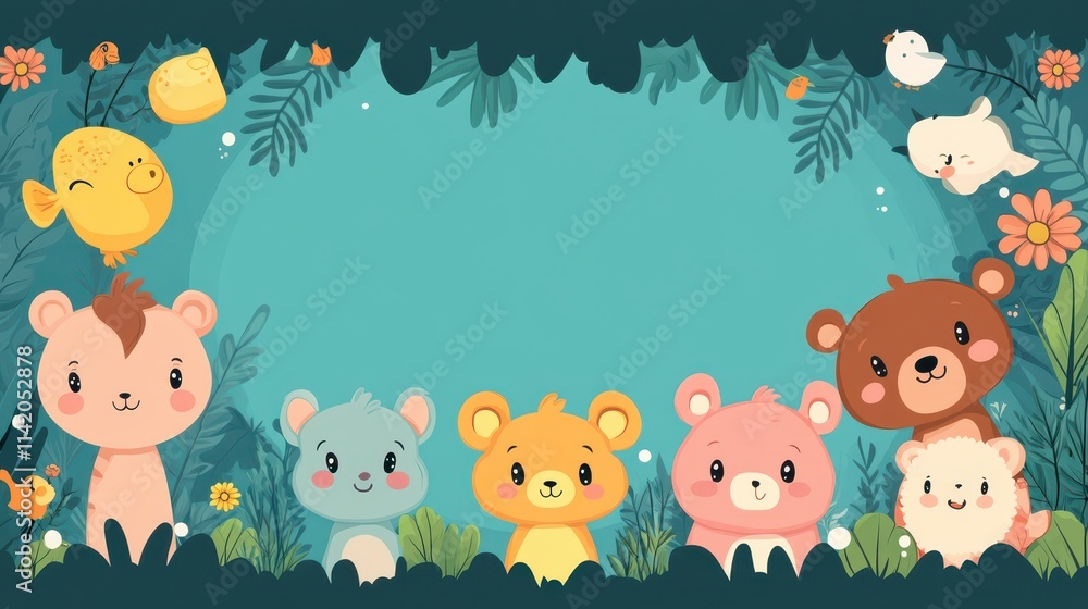 Fototapeta premium Cartoon Animal Border Background - A Whimsical Frame for Colorful and Playful Scenes. The Adorable Cartoon Animals Forming the Border, with Their Cheerful Expressions and Cute Shapes