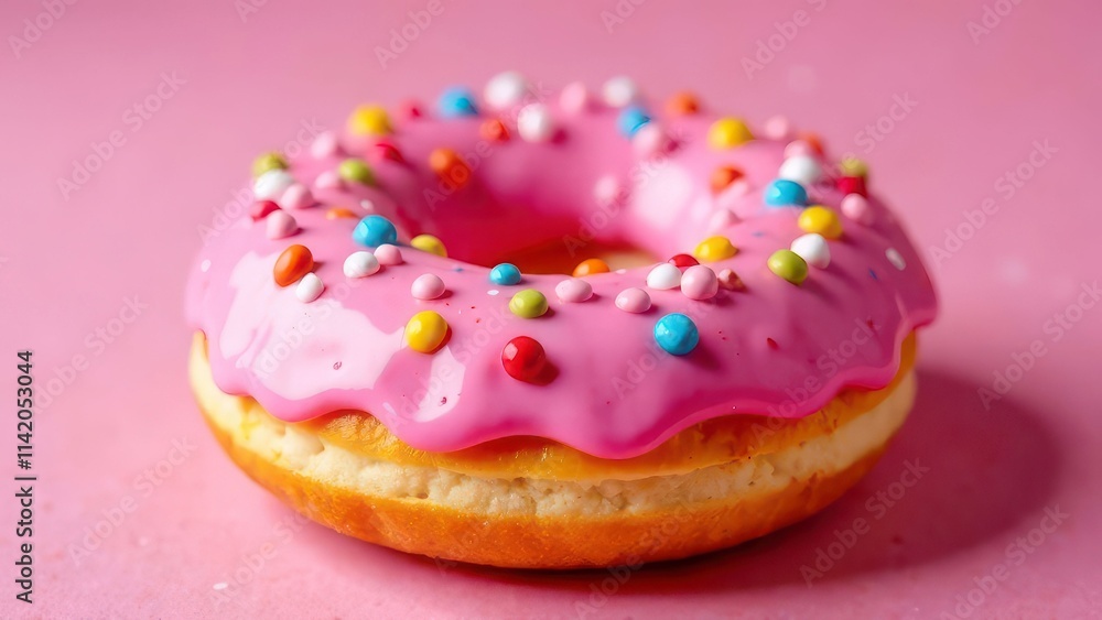 Pink frosted donut with colorful sprinkles on a pink background Pink frosted donut with colorful sprinkles on a pink background