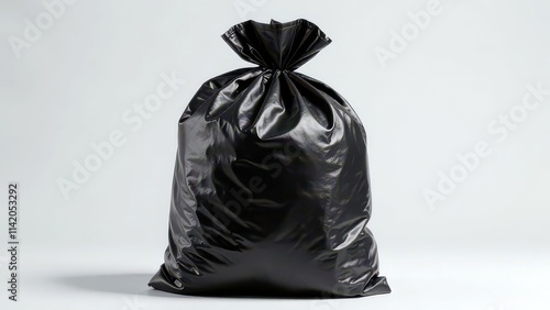 Large black plastic garbage bag isolated on light background photo