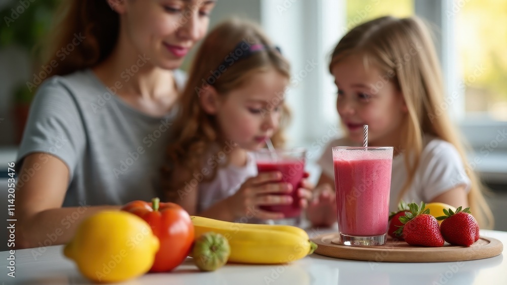 A family enjoying homemade smoothies at a breakfast table, with vibrant fruit ingredients displayed nearby A family enjoying homemade smoothies at a breakfast table, with vibrant fruit ingredients displayed nearby