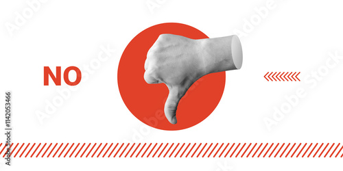 Dislike. Thumb down - gesture of disapproval or rejection, symbolizes disappointment, criticism, distrust or disapproval, disagreement or negative opinion. Minimalist art collage