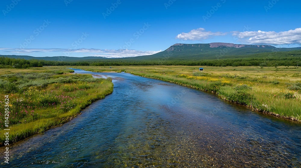 Serene river flowing through a vast, flat landscape under a clear blue sky, with mountains in the background. Serene river flowing through a vast, flat landscape under a clear blue sky, with mountains in the background.