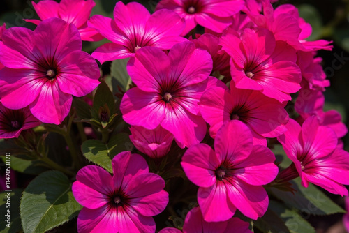 Cluster of pink petunias with green leaves