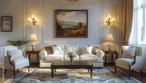 Traditional small living room with sofa, wall lamp, rug, curtains, armchairs, wood floor.