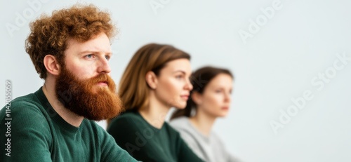 A group of three individuals, focused and contemplative, seated in a row with neutral expressions and a minimalist background.