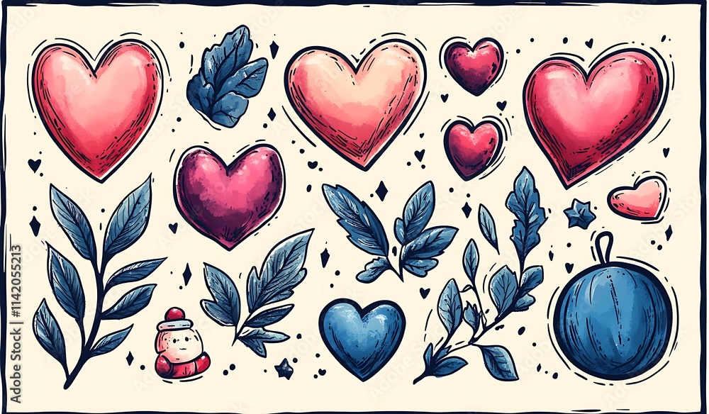 Fototapeta premium Happy Valentine’s Day Collection of Hearts and Leaves