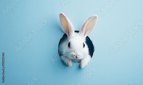 Easter bunny ears sticking out of a hole on a blue background