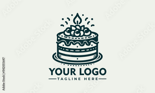 vector logo line drawing of a twotiered cake with cherries; suitable for bakery logos, greeting cards, and confectionerythemed designs