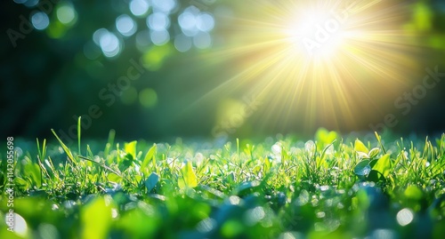 Bright Sunlight Shining Through Lush Green Grass Blades Creating a Peaceful and Serene Natural Landscape in a Tranquil Outdoor Setting