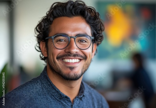 Cheerful young man with curly hair and glasses smiling warmly at the camera in a bright and modern office environment with a colorful abstract background.