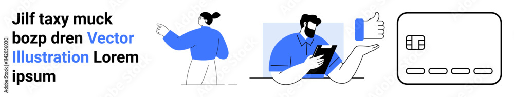 Person presenting, individual holding a tablet and making a thumbs up gesture, and a depiction of a credit card. Ideal for business, technology, finance, presentations, e-commerce, teamwork digital Person presenting, individual holding a tablet and making a thumbs up gesture, and a depiction of a credit card. Ideal for business, technology, finance, presentations, e-commerce, teamwork digital
