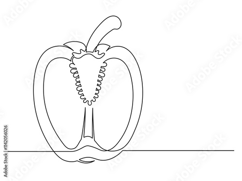 Continuous one line of sliced bell pepper isolated on white background. Simple silhouette of vegetable. Hand drawn bell pepper outline. Vector illustration