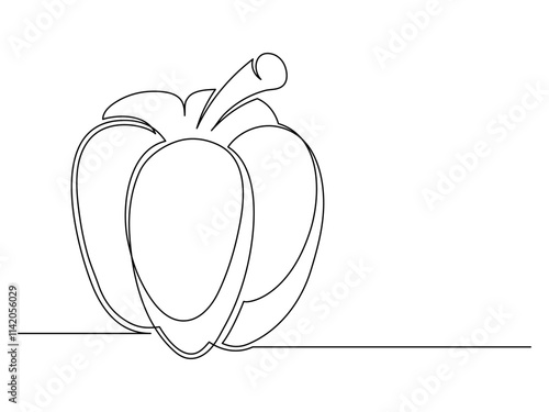 Continuous one line bell pepper isolated on white background. Simple vegetable silhouette. Hand drawn bell pepper outline. Vector illustration