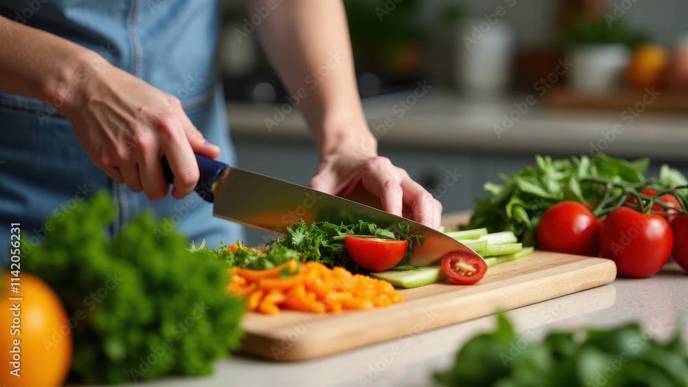 A person carefully chopping vegetables for a nutritious salad on a wooden cutting board in a cozy kitchen A person carefully chopping vegetables for a nutritious salad on a wooden cutting board in a cozy kitchen