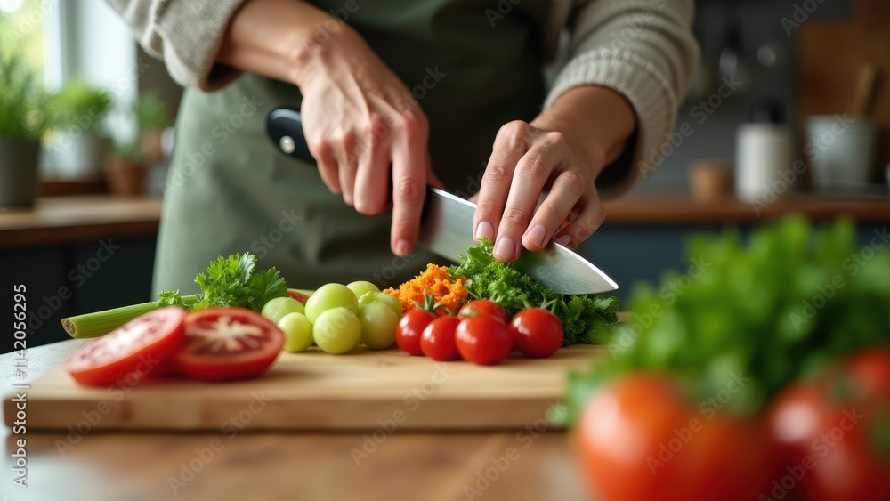 A person carefully chopping vegetables for a nutritious salad on a wooden cutting board in a cozy kitchen A person carefully chopping vegetables for a nutritious salad on a wooden cutting board in a cozy kitchen