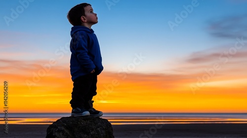 Little Dreamer at Sunset: A young boy stands silhouetted against a vibrant sunset sky,  a poignant reminder of childhood wonder and boundless dreams. photo