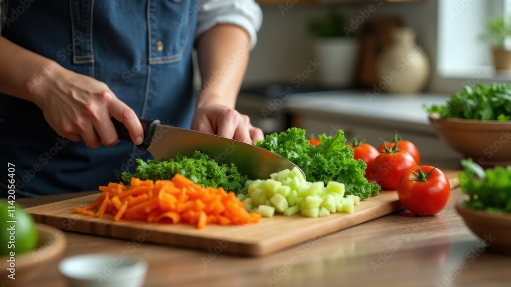 A person carefully chopping vegetables for a nutritious salad on a wooden cutting board in a cozy kitchen A person carefully chopping vegetables for a nutritious salad on a wooden cutting board in a cozy kitchen