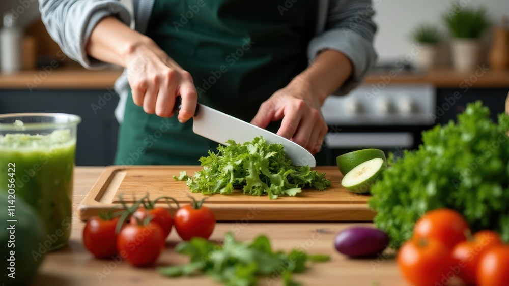 A person carefully chopping vegetables for a nutritious salad on a wooden cutting board in a cozy kitchen A person carefully chopping vegetables for a nutritious salad on a wooden cutting board in a cozy kitchen