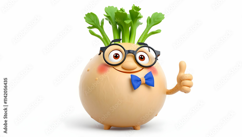 Celery root character with glasses, bow tie, and thumbs up. Celery root character with glasses, bow tie, and thumbs up.