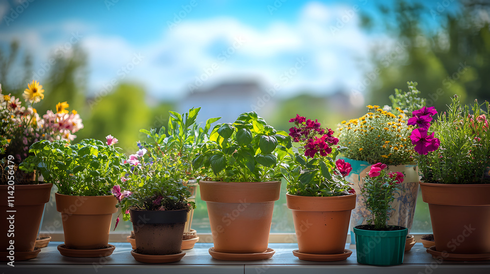 A Sunny Balcony Garden Overflowing with Harmony: Basil, Cilantro, and Dill Flourishing in Colorful Pots A Sunny Balcony Garden Overflowing with Harmony: Basil, Cilantro, and Dill Flourishing in Colorful Pots