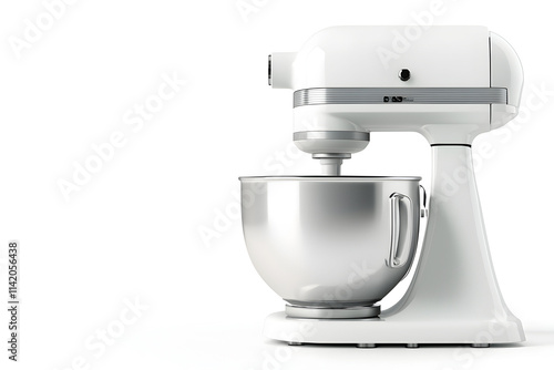 Whipping cream with a sleek, modern stand mixer in a bright, minimalist kitchen setting, showcasing a blend of elegance and functionality while preparing delicious desserts photo