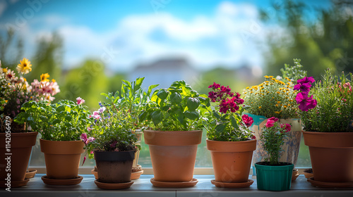 Wallpaper Mural A Sunny Balcony Garden Overflowing with Harmony: Basil, Cilantro, and Dill Flourishing in Colorful Pots Torontodigital.ca
