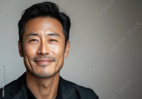 Confident and Charming Asian Man Smiling Gently in a Professional Portrait with a Soft Background, Perfect for Business and Lifestyle Themes