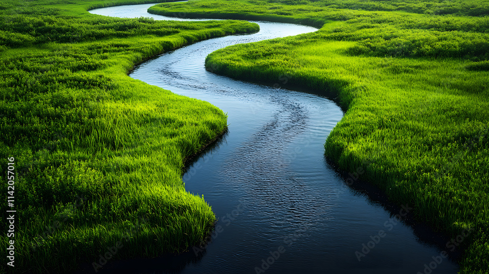 Aerial View of a Serene Stream Flowing Through Lush Green Grass Under Gentle Sunlight Aerial View of a Serene Stream Flowing Through Lush Green Grass Under Gentle Sunlight