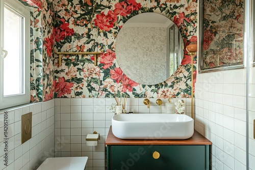 A cozy vintage-modern bathroom with floral wallpaper, brass fittings, and a compact modern vanity. photo