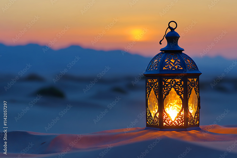 An Islamic Ramadan Kareem lantern with a burning candle illuminated the night sky. Ai generative An Islamic Ramadan Kareem lantern with a burning candle illuminated the night sky. Ai generative