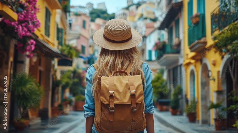Obraz premium Woman exploring vibrant European town with backpack and straw hat. Colorful streets, summer vacation, historic architecture, urban travel adventure, cultural discovery.