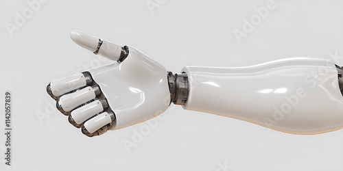 A robot arm graphic with five fingers, dark background, white, machine food pointing forward close-up, minimalist design, high resolution, professional photography, depth of field effect. photo