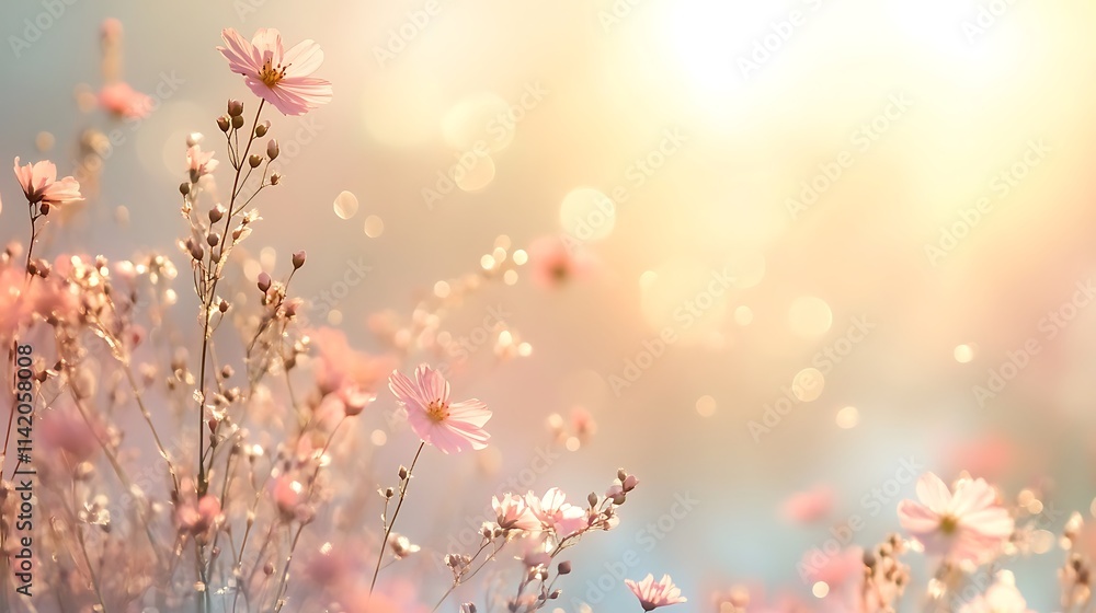 Delicate Pink Cosmos Flowers in Soft Sunlight Delicate Pink Cosmos Flowers in Soft Sunlight