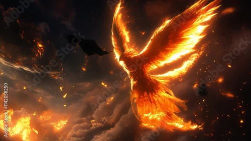 Fiery phoenix rising with glowing wings against dramatic sky.