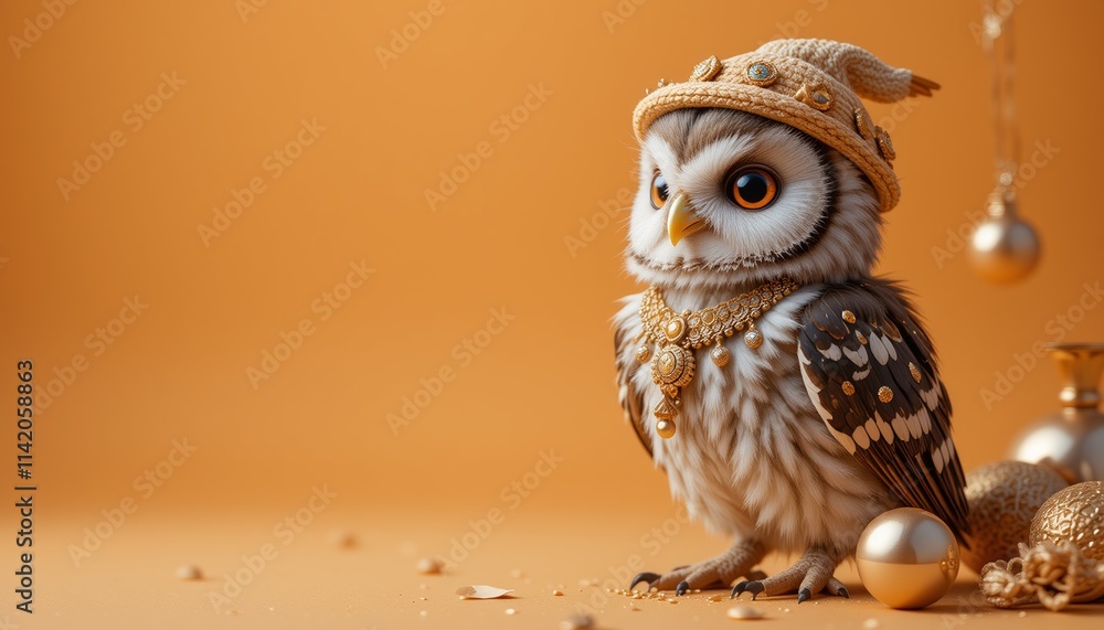 Obraz premium cute owl baby wearing hat posing inside photography studio, in photo with gradient orange background