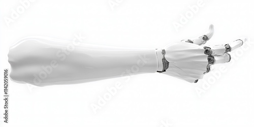 A robot arm graphic with five fingers, dark background, white, machine food pointing forward close-up, minimalist design, high resolution, professional photography, depth of field effect. photo