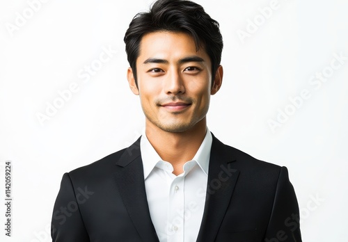 Confident young businessman wearing a sleek black suit and a white shirt poses with a charming smile against a bright background, showcasing professional style and charisma.